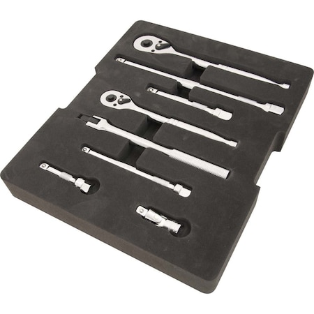 Dynamic 9Pcs Rtchet, Extnsn, U-Joint & Flex Hndl Set, 3/8" & 1/2"Dr & Tool Orgnzr D105101